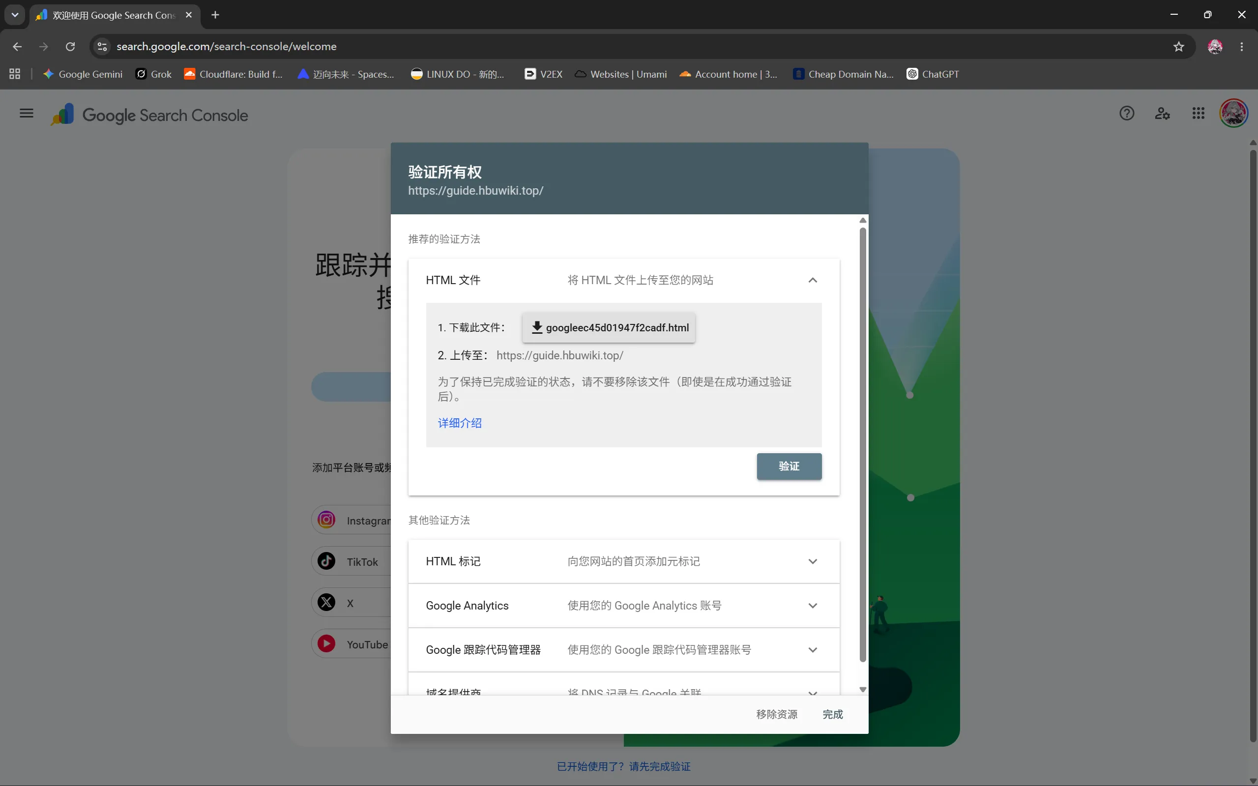 Google Search Console 验证所有权弹窗（支持 HTML 标记与 HTML 文件验证）