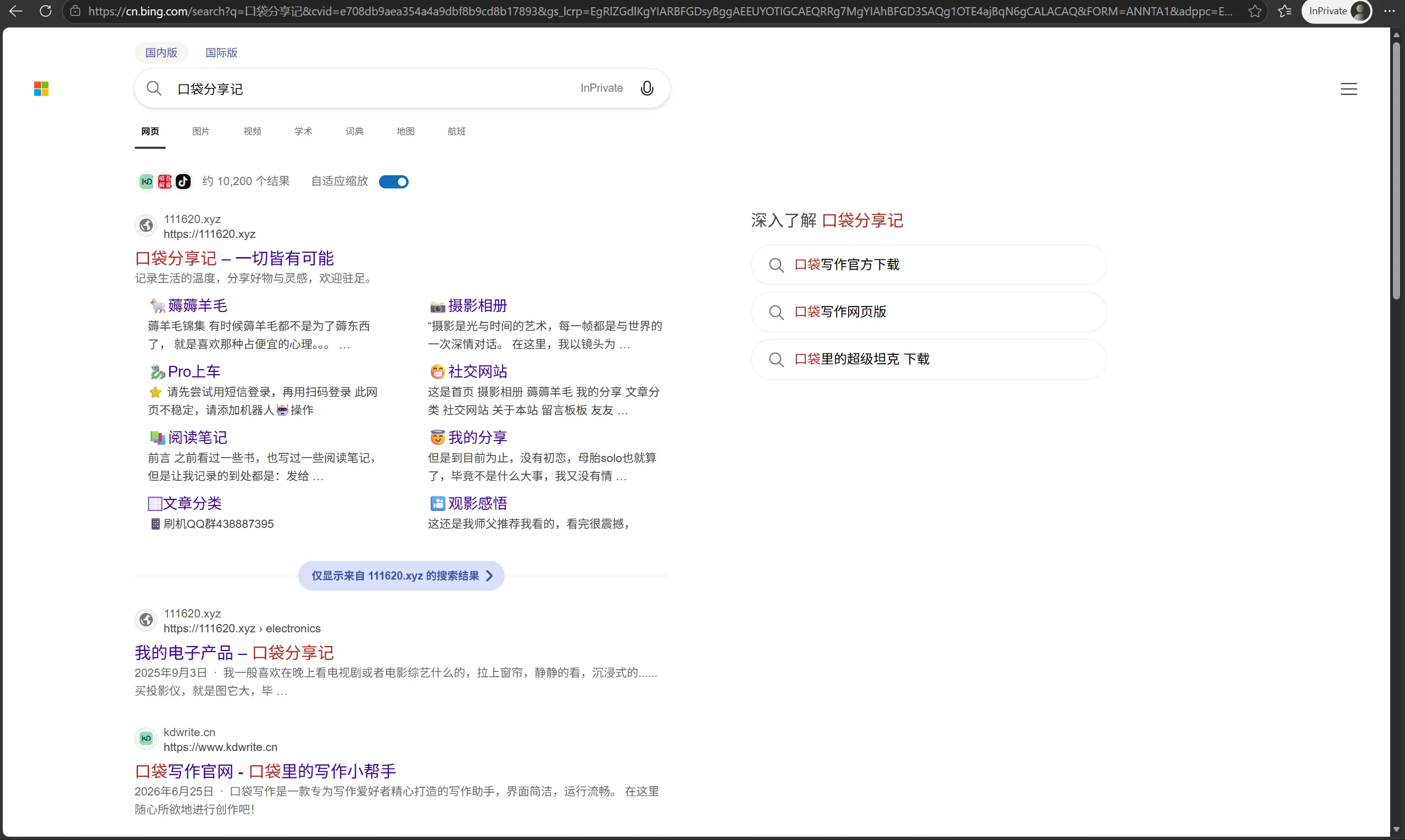 友链博客「口袋分享记」在 Bing 搜索结果中展示的 Sitelinks 站内多格子快捷卡片